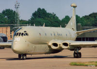 XV236 @ EGQL - Scanned from print - Nimrod MR.2 XV236 taxies towards RWY 09 at RAF Leuchars (EGQL) Sep '95. n.b the face at the observer's dome window. - by Clive Pattle