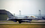 J-260 @ EGQS - F-16B Falcon of 322 Squadron Royal Netherlands Air Force preparing to join the active runway at RAF Lossiemouth in the Summer of 1983. - by Peter Nicholson