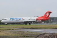 PH-MJP @ EGFF - F100, Greenland Express, callsign Denim 5392, seen departing runway 30 at EGFF, en-route to Osijek. - by Derek Flewin