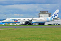 G-FBEG @ EGFF - Embraer 195, Flybe, previously PT-SQO, callsign Jersey 2TB, seen shortly after landing on runway 30, out of Glasgow, note, open reverse thruster doors.