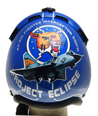 59-0010 @ MCC - Rear view of the special presentation flight helmet accorded crew chief of 59-0010 at McClellan's Aerospace Museum of California. Elements of both NASA (Project Eclipse) and 5th Fighter Interceptor Squadron service are depicted in the helmet's graphic art - by Christopher Carey
