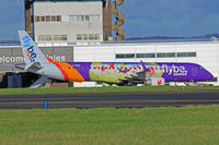 G-FBEM @ EGFF - Embraer 195LR, Flybe, Womble previously PT-SGN, wearing Cancer Research UK decals, seen on stand.