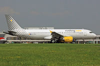 EC-MCU @ EGFF - A320-214, callsign Vueling 12YQ, previously D-AVVA, 9K-EAC, EL-ERX, A6-RKB, EI-ERX, departing runway 12 en-route to Alicante.