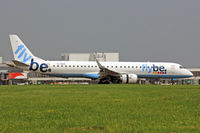 G-FBEN @ EGFF - Embraer 195LR, FlyBe, call sign Jersey 4TA, previously PT-SGW, seen landing on runway 12 out of Glasgow, note the open reverse thruster doors.