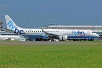 G-FBEK @ EGFF - Embraer 195LR, Flybe, call sign Jersey 4TA, previously PT-SDC,  landing on runway 12 out of Glasgow, note the open reverse thruster doors. - by Derek Flewin