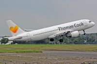 YL-LCK @ EGFF - A320-214, Thomas Cook Airlines, Cardiff based, previously F-WWIT, N101UW, RP-C3229, HB-JIZ, OE-IBU, call sign Kestrel 53RG, seen departing runway12 en-route to Tenerife Sur. - by Derek Flewin