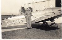 G-AFEV - Trainee pilot L. J. Endicott standing in front of G-AFEV at Roborough Aerodrome, Plymouth, Devon in the late 1930s. - by Unknown