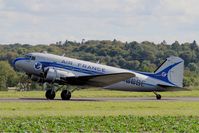 F-AZTE @ LFRU - Douglas C-47A Skytrain, Taxiing to holding point rwy 23, Morlaix-Ploujean airport (LFRU-MXN) Air show 2017 - by Yves-Q