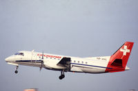 HB-AHL @ EHAM - Crossair Saab 340A taking off from Schiphol airport, the Netherlands, 1987 - by Van Propeller