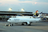 4X-EAL @ FAJS - Seen from Terminal A at JNB in fading light (sorry!) around 7:30pm on 25 Jan 2018.  Aircraft under tow to the departure gate - by Neil Henry