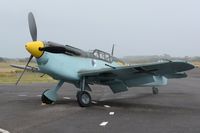 G-AWHM @ EGFH - Visiting Buchon in the markngs of Messerschmitt Bf 109 aircraft yellow 7 of JG.26. - by Roger Winser