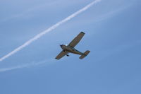 N8382S @ SZP - 1965 Cessna 182H SKYLANE, Continental O-470-R 230 Hp, takeoff climb Rwy 04. Jet contrails quite beyond. - by Doug Robertson