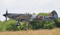 G-SPIT @ EGFH - Spitfire marked MV268/JE-J departing Runway 22. - by Roger Winser