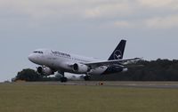 D-AILD @ EGSH - Departing Rwy 27 at Norwich on way home following repaint into the lastest livery of Lufthansa - by AirbusA320