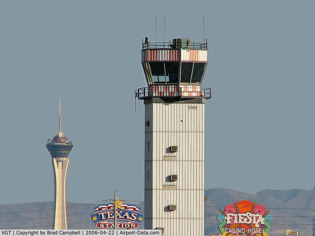 North Las Vegas Airport (VGT) - The 'old' ATCT with the Statosphere, Texas Station, and Fiesta Marquee's in background.