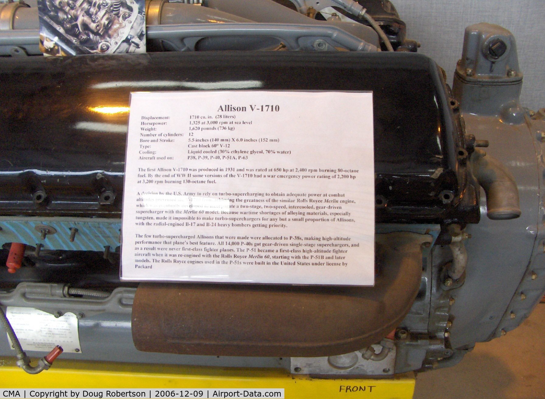 Camarillo Airport (CMA) - Allison V-1710 1,325 horsepower V-12 cylinder aircraft engine in CAF Museum. Data card