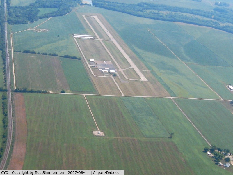 Pickaway County Memorial Airport (CYO) - Looking S from 3000' with Yellow Bud VOR (XUB-112.5) in the foreground.