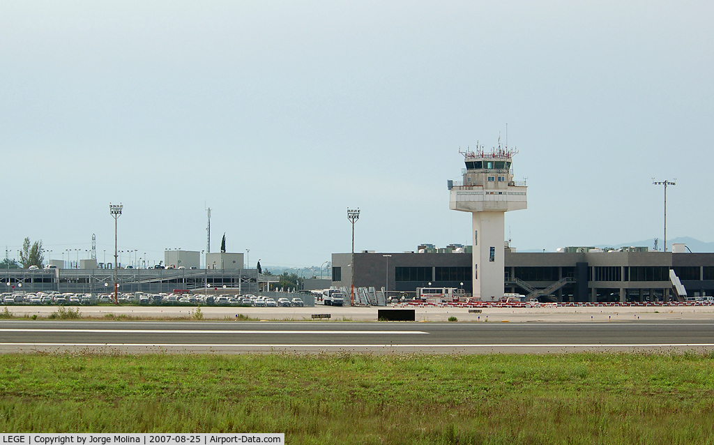 Girona-Costa Brava Airport, Girona Spain (LEGE) - Girona Airport; parking, ATC tower and terminal building.