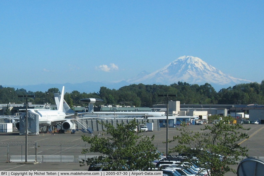 Boeing Field/king County International Airport (BFI) - The military Boeing factory at BFI dominated by Mount Rainier - A NATO E-3 can be seen