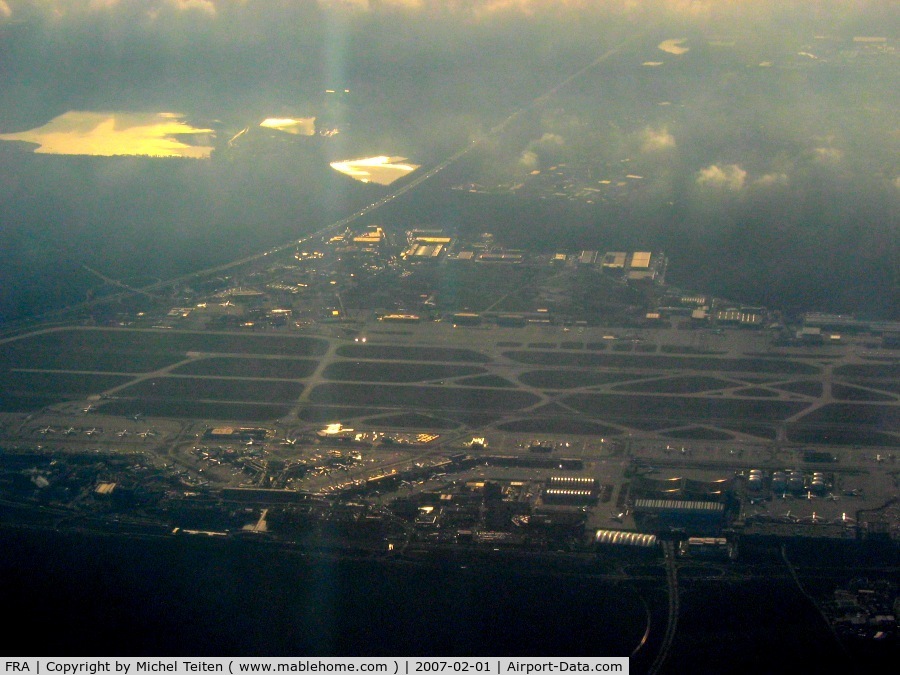 Frankfurt International Airport, Frankfurt am Main Germany (FRA) - Over Frankfurt early in the morning - Former USAF Rhein-Main Air Base in the middle of the picture
