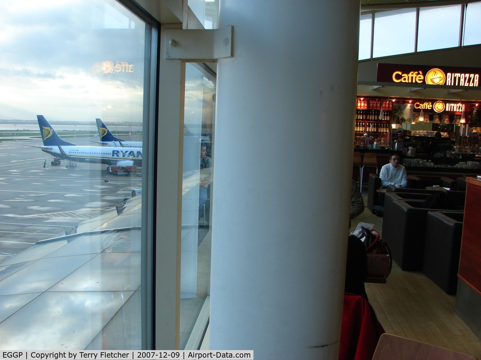 Liverpool John Lennon Airport, Liverpool, England United Kingdom (EGGP) - There is a nice Cafe that overlooks the Ryanair ramp BEFORE you go airside