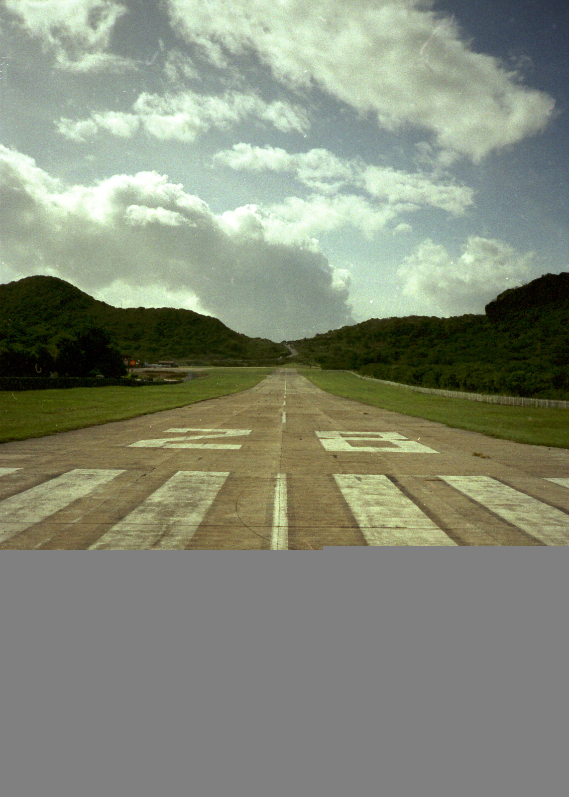 Gustaf III Airport, St. Jean, Saint Barthélemy Guadeloupe (SBH) - St Barthelemy, Approach end of Rwy 28.  Traffic never lands this direction due to hill and trade winds