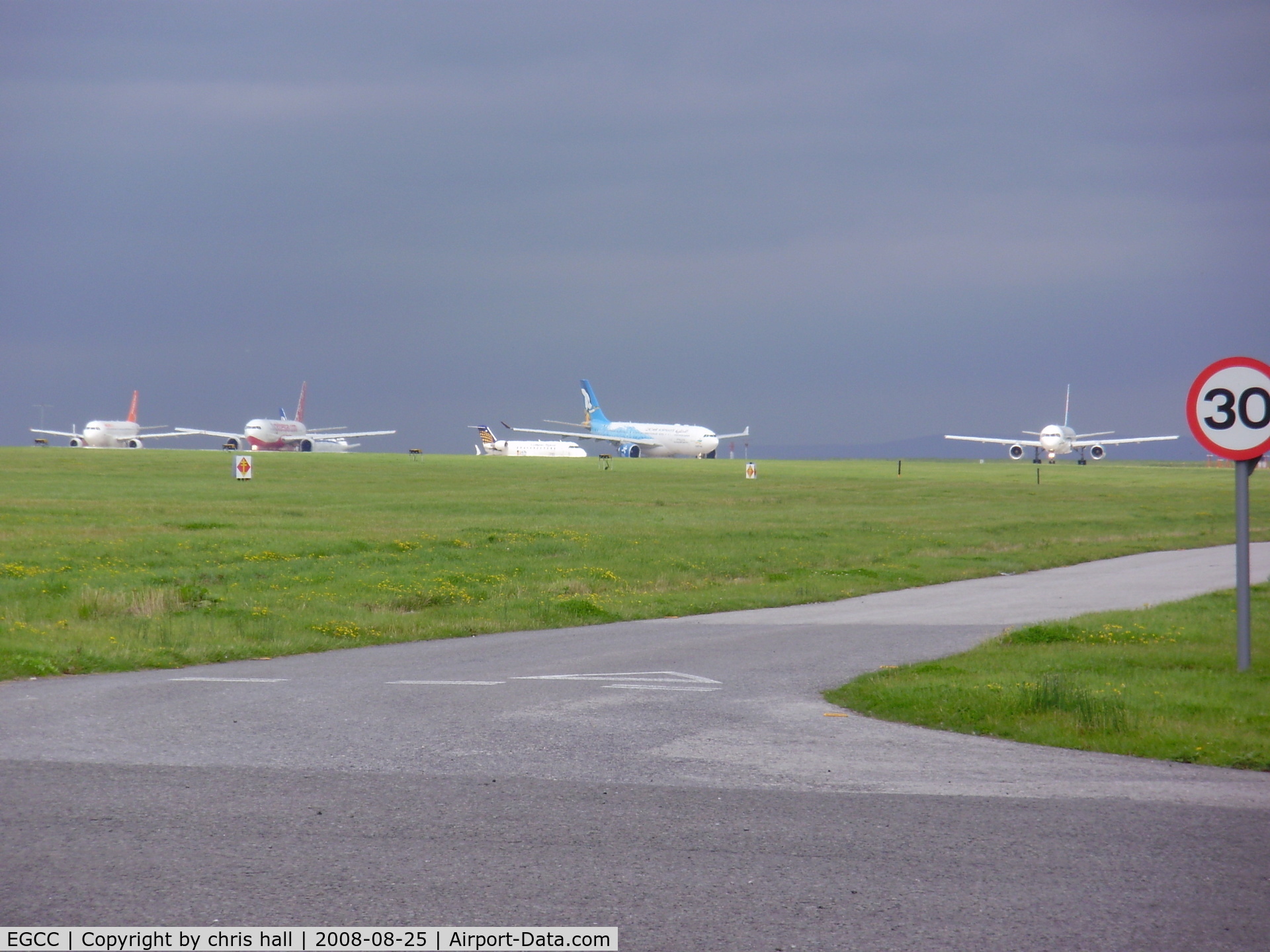 Manchester Airport, Manchester, England United Kingdom (EGCC) - 3.00pm at Manchester Airport with six aircraft waiting for runway 23L to reopen for afternoon flights