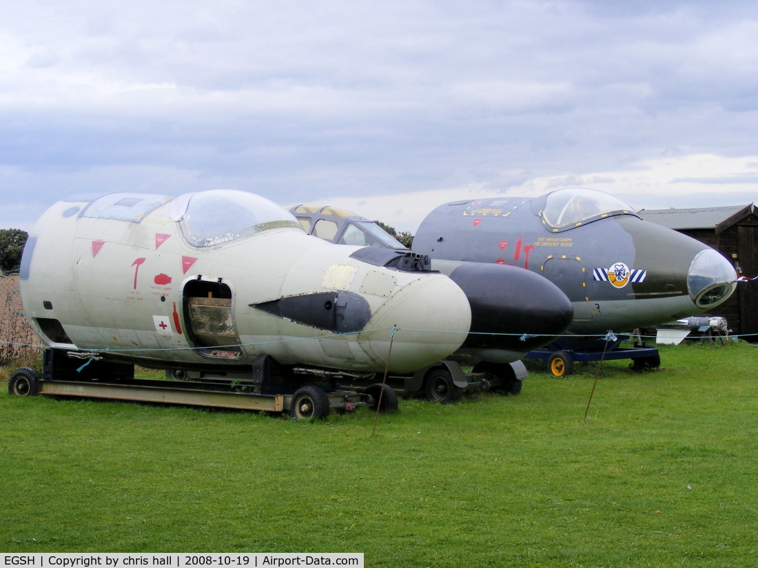 Norwich International Airport, Norwich, England United Kingdom (EGSH) - from right to left, WH984 EE Canberra B Mk. 15; WM267 Gloster Meteor NF Mk. 11; EE Canberra