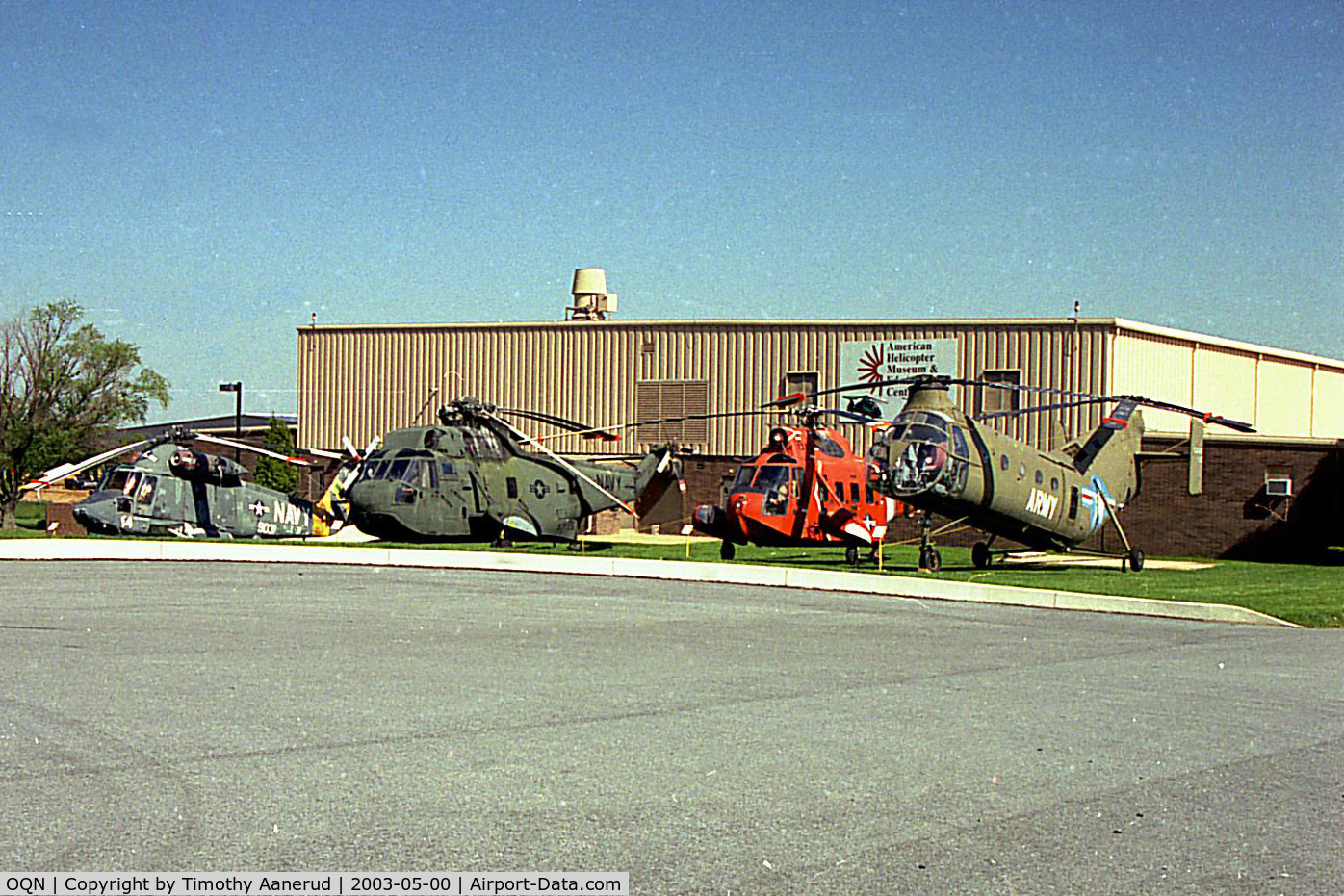 Brandywine Airport (OQN) - American Helicopter Museum, left-right, Kaman HH-2D, Sikorsky HH-3, Sikorsky HH-52, Piasecki CH-21B.  The musuem was closed the day I was here.  A Bell V-22 is also on display outside.