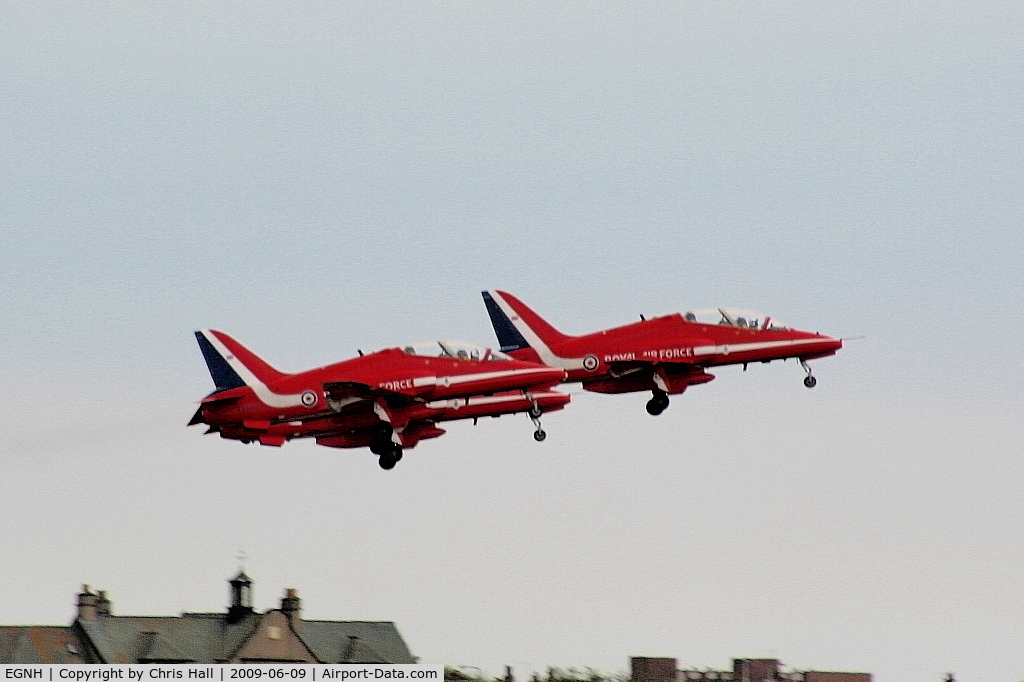 Blackpool International Airport, Blackpool, England United Kingdom (EGNH) - Red Arrows departing from Blackpool Airport after a refueling stop prior to their display in the Isle of Man