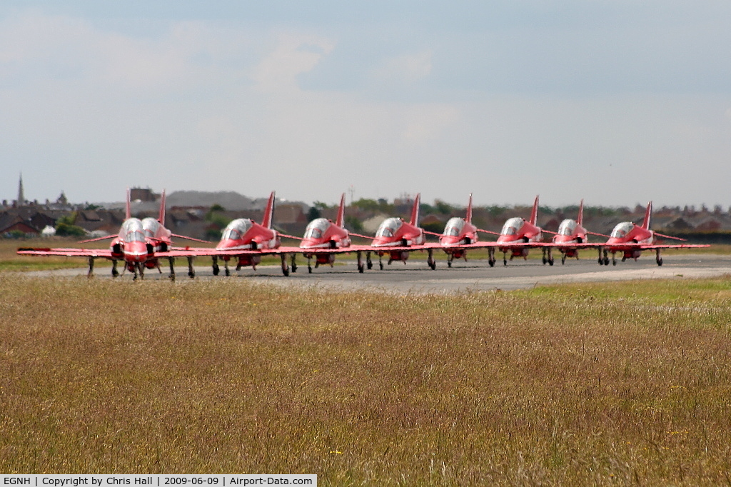 Blackpool International Airport, Blackpool, England United Kingdom (EGNH) - Red Arrows taxiing in line astern