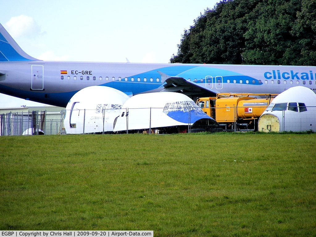 Kemble Airport, Kemble, England United Kingdom (EGBP) - The cockpits of aircraft that have been scrapped by ASI at Kemble, from L to R, Air Seychelles B767 S7-EXL, Air India B747 VT-EPX and Sky Express B737 VP-BBN