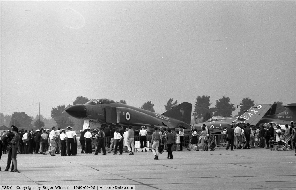 RNAS Yeovilton Airport, Yeovil, England United Kingdom (EGDY) - Phantom FG.1 XV586 and Buccaneer S.2 XV338 on display at RNAS Yeovilton (HMS Heron) Naval Air Day September 1969