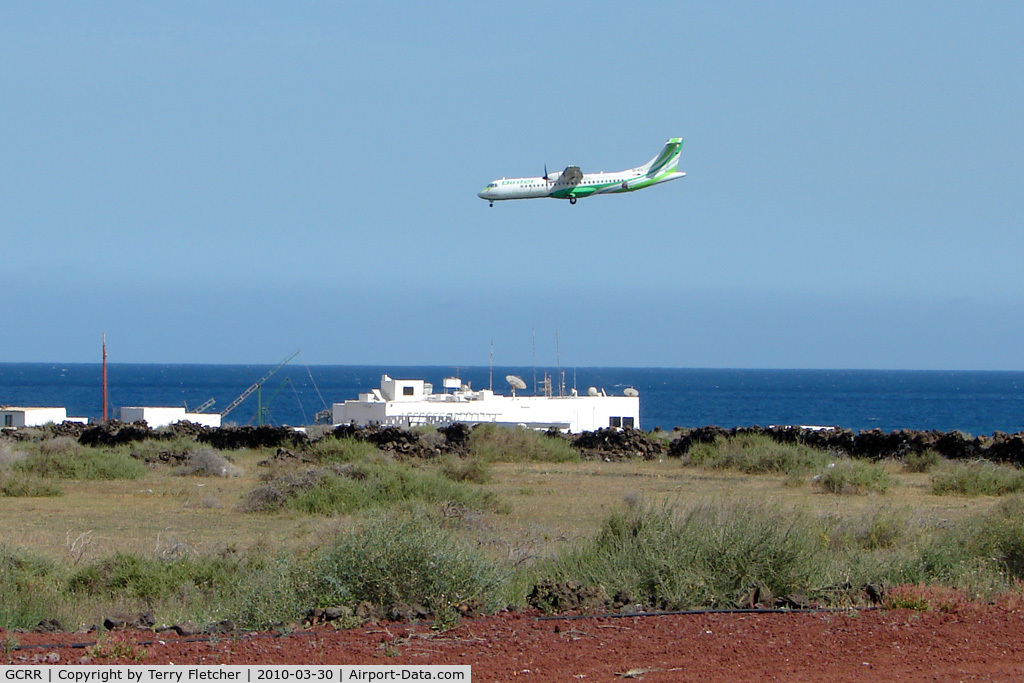 Arrecife Airport (Lanzarote Airport), Arrecife Spain (GCRR) - Aircraft over the threshold of Runway 03 at Arrecife