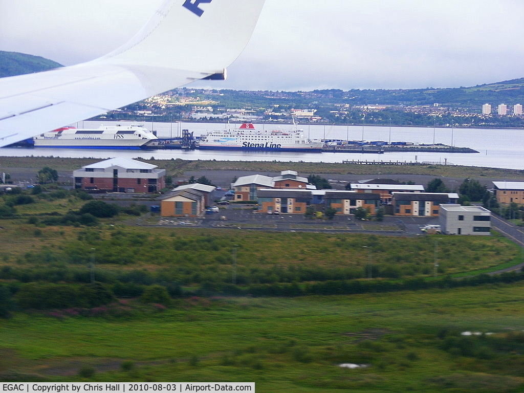 George Best Belfast City Airport, Belfast, Northern Ireland United Kingdom (EGAC) - on short finals into Belfast City Airport onboard Ryanair B737 EI-EFC