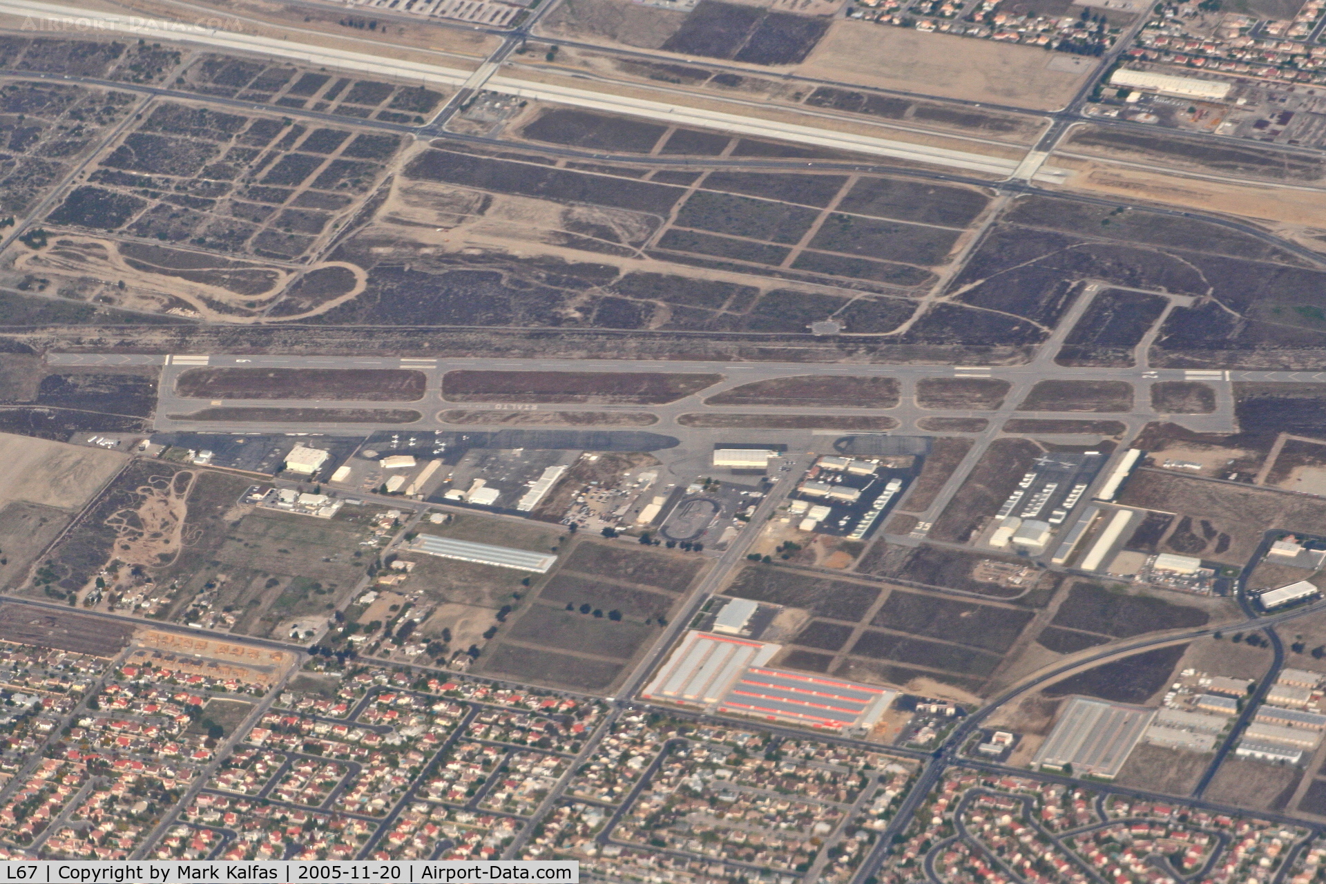 Rialto Municipal /miro Fld/ Airport (L67) - Rialto Municipal Airport, Rialto, CA as seen descending 
through 10,000' on an approach into KLAX.