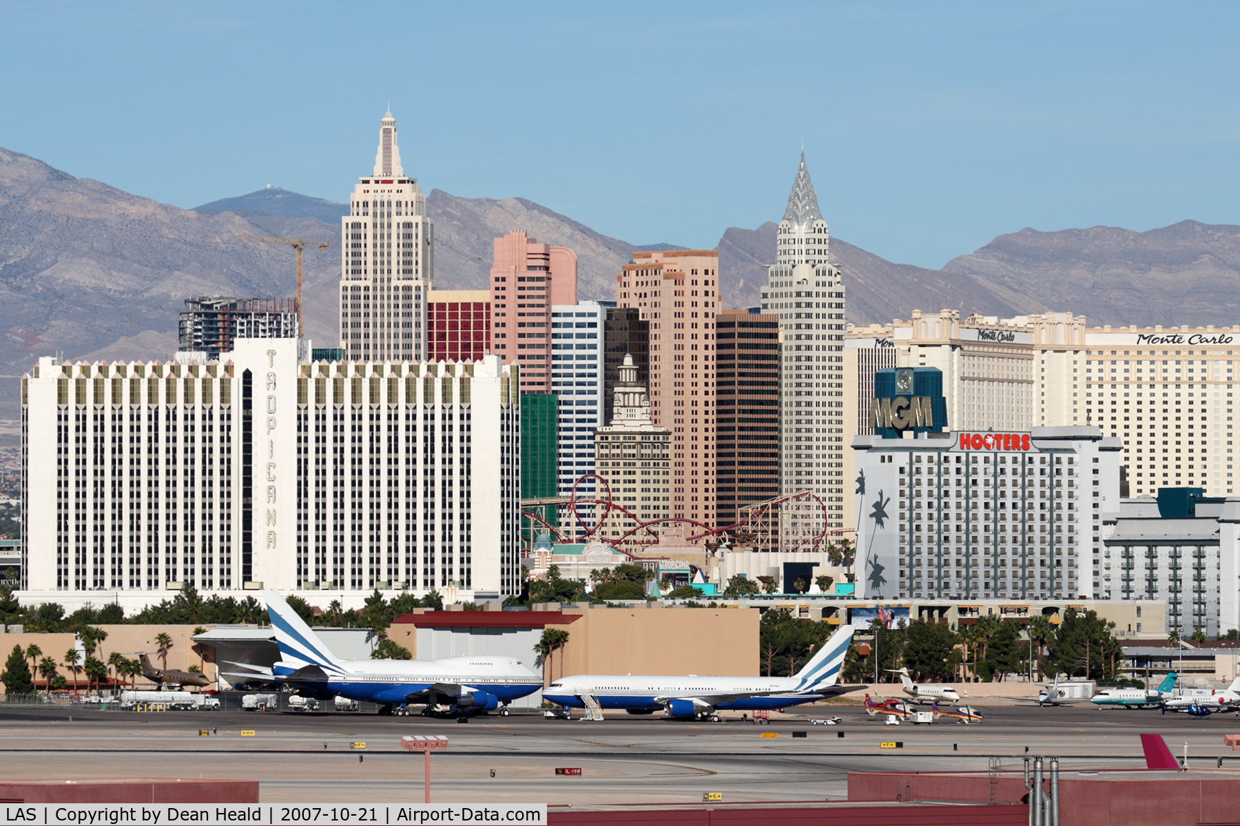 Mc Carran International Airport (LAS) - The business jet ramp and Las Vegas hotels.