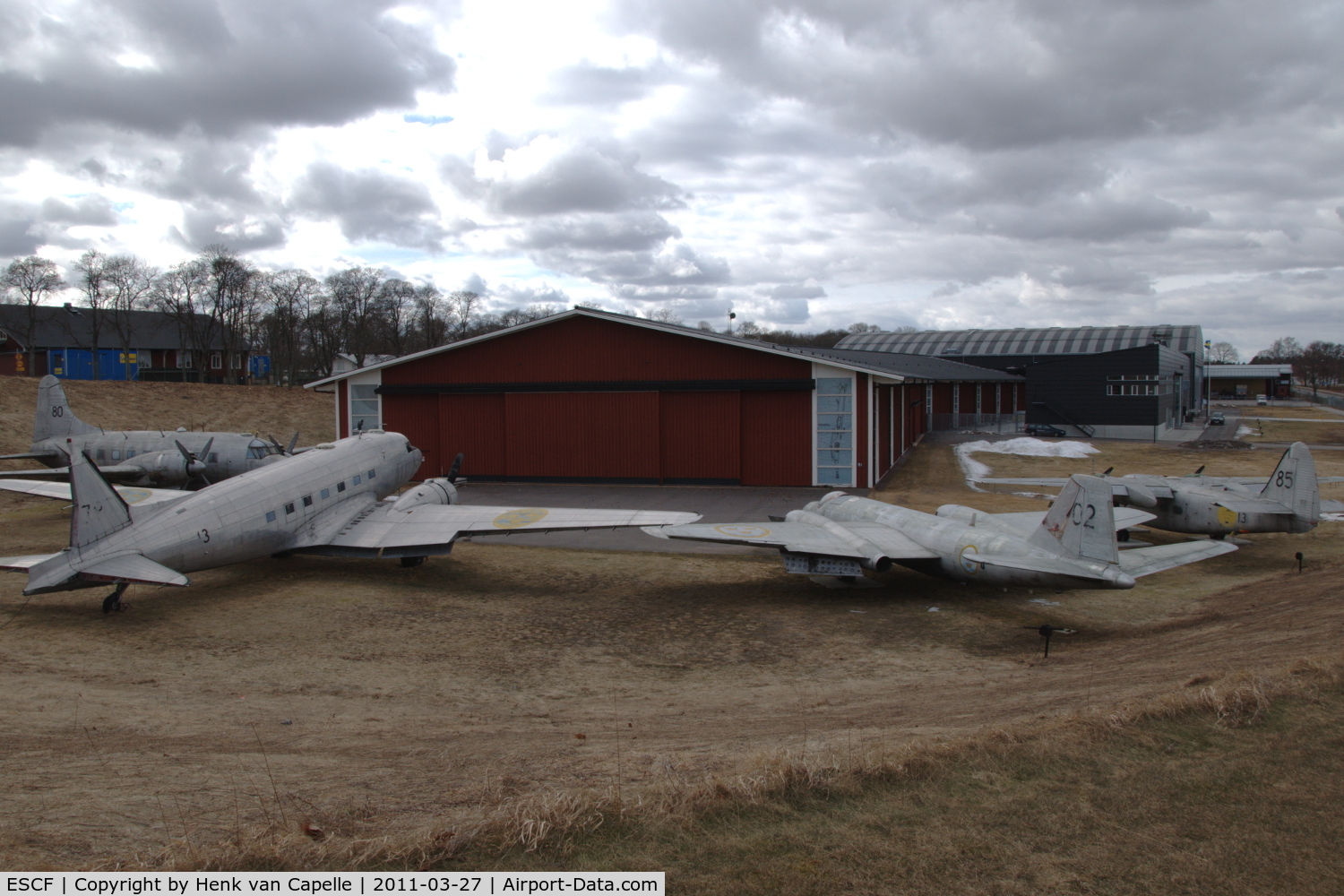 Malmen Air Base Airport, Linköping Sweden (ESCF) - The Flygvapenmuseum (Swedish Air Force Museum) at Malmen Air Base. The four aircraft are Varsity, Dakota, Canberra and Pembroke.