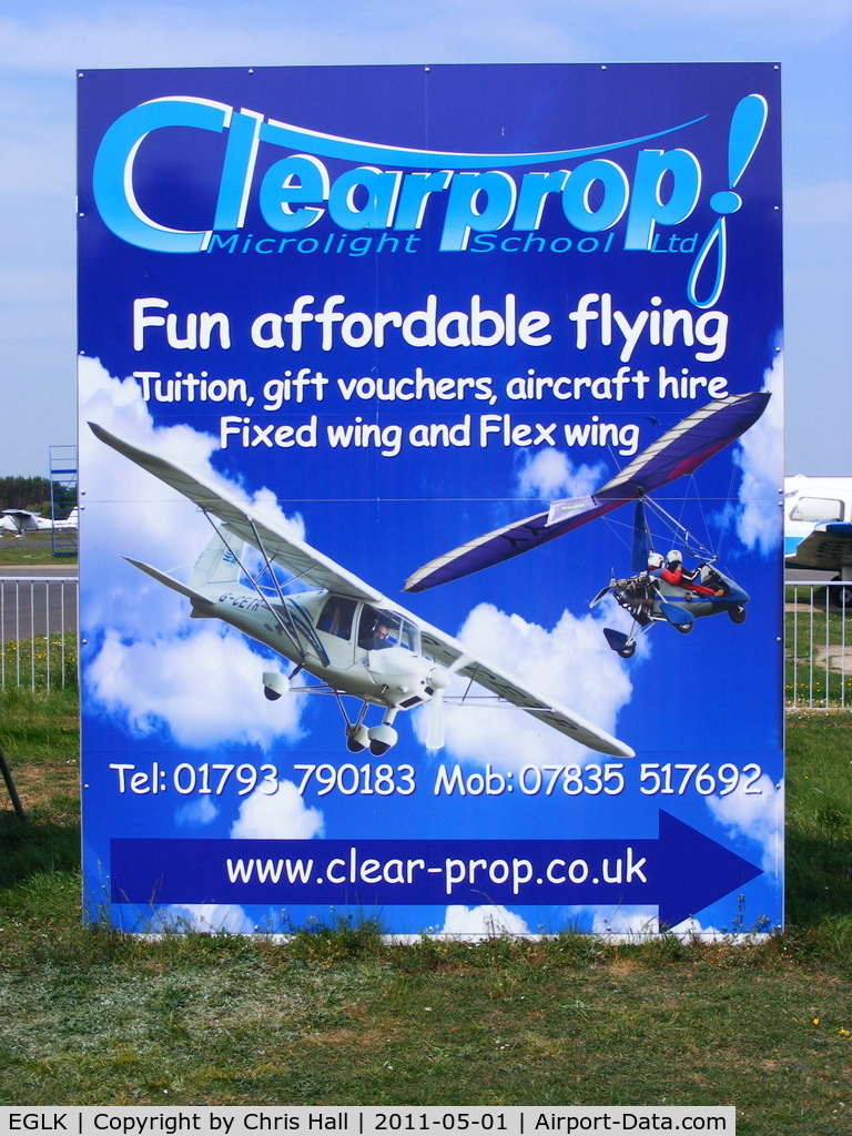 Blackbushe Airport, Camberley, England United Kingdom (EGLK) - sign in the carpark for the Clear-prop Microlight School