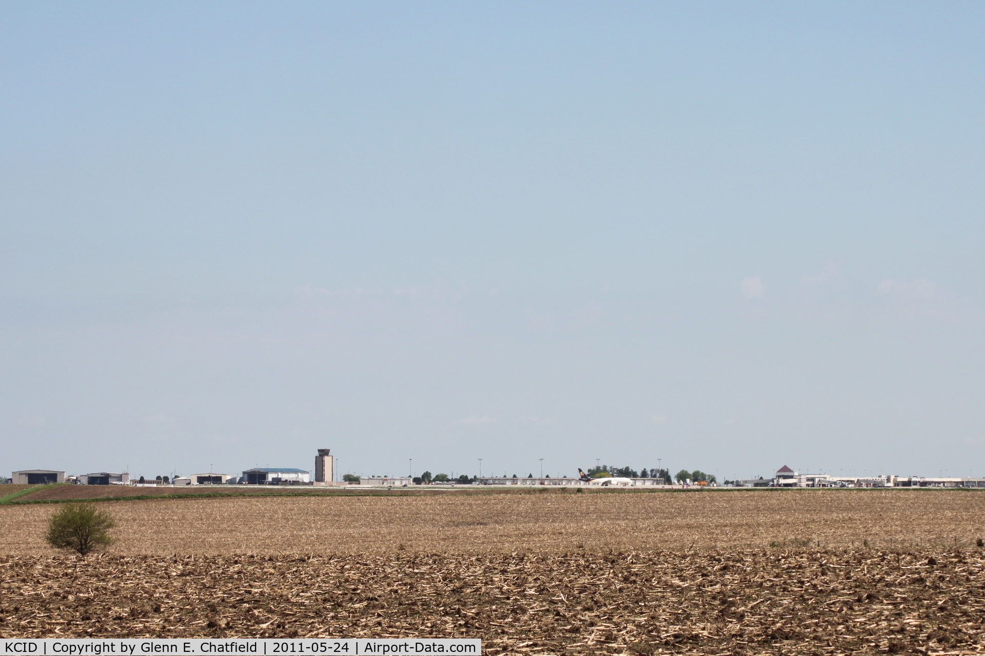 The Eastern Iowa Airport (CID) - This photo is taken from two miles south of the airport.  On the right side of the photo is the terminal.  There is a UPS Airbus parked on the UPS ramp.