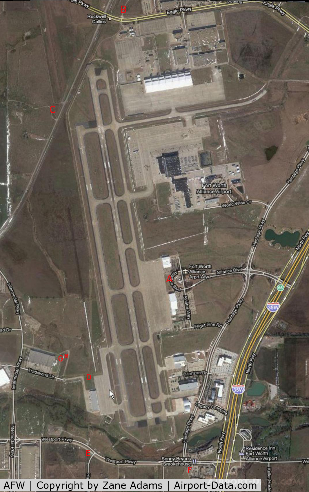 Fort Worth Alliance Airport (AFW) - Alliance Airport Spotting Map.
A. Very close to ramp.
B. AM approaches, 
C. PM approaches
D. PM Landings. Need ladder. may be asked to leave.
E. PM approaches 
F. AM approaches
G. Best PM Airshow spot. May be asked to leave. Maybe not ;)

