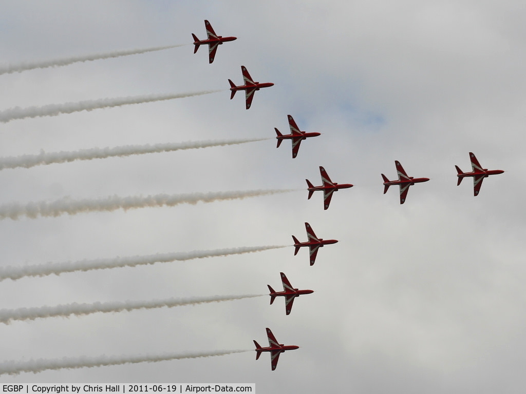 Kemble Airport, Kemble, England United Kingdom (EGBP) - Red Arrows in Swan formation