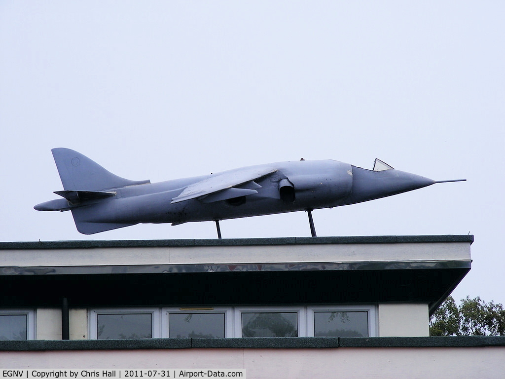 Durham Tees Valley Airport, Tees Valley, England United Kingdom (EGNV) - Large model of a HS Harrier on top of a restaurant at Durham Tees Valley Airport