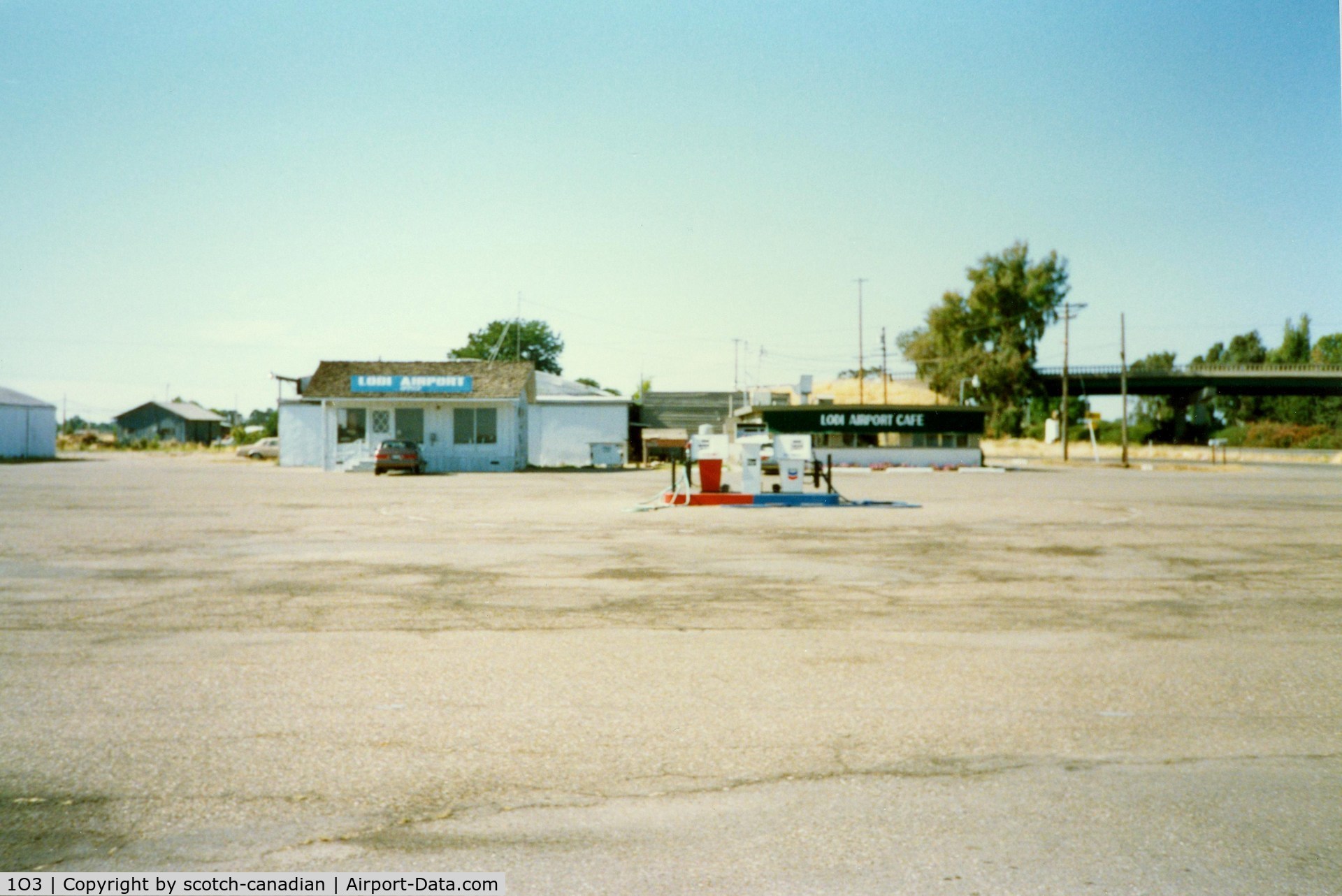 Lodi Airport (1O3) - Airport Fuel Pumps, Office and Cafe at Lodi Airport, Lodi, CA - July 1989