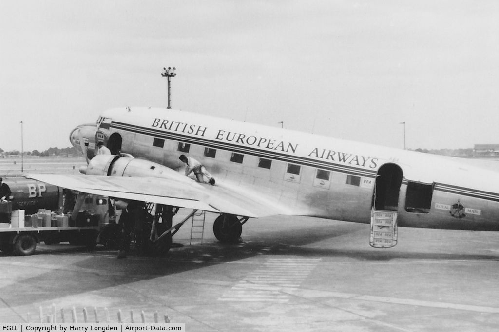 London Heathrow Airport, London, England United Kingdom (EGLL) - An unidentified BEA Douglas C-47 Royal Mail aircraft at Heathrow Airport, London in 1955.