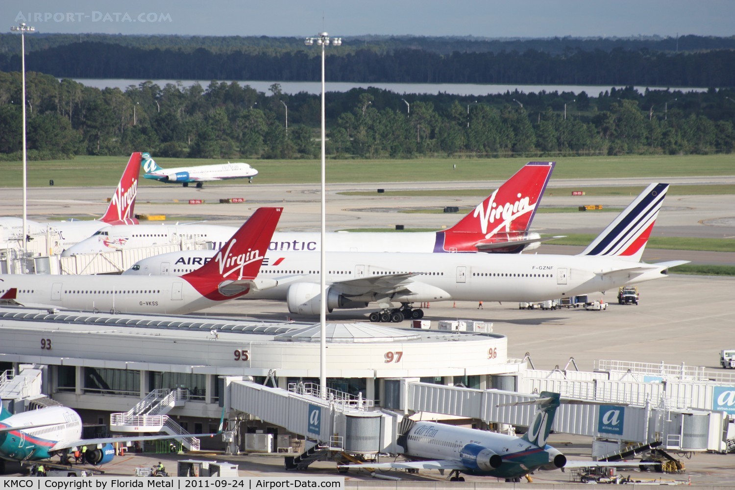 Orlando International Airport (MCO) - Busy Saturday at MCO - all international gates occupied - Gate 81 - Virgin A330, 83 - Air France 777, 85 -Virgin 747, 87 - Virgin 747 84 (not pictured) Lufthansa A340-600, 82 (not pictured) Virgin A330, 80 (not pictured) British 777