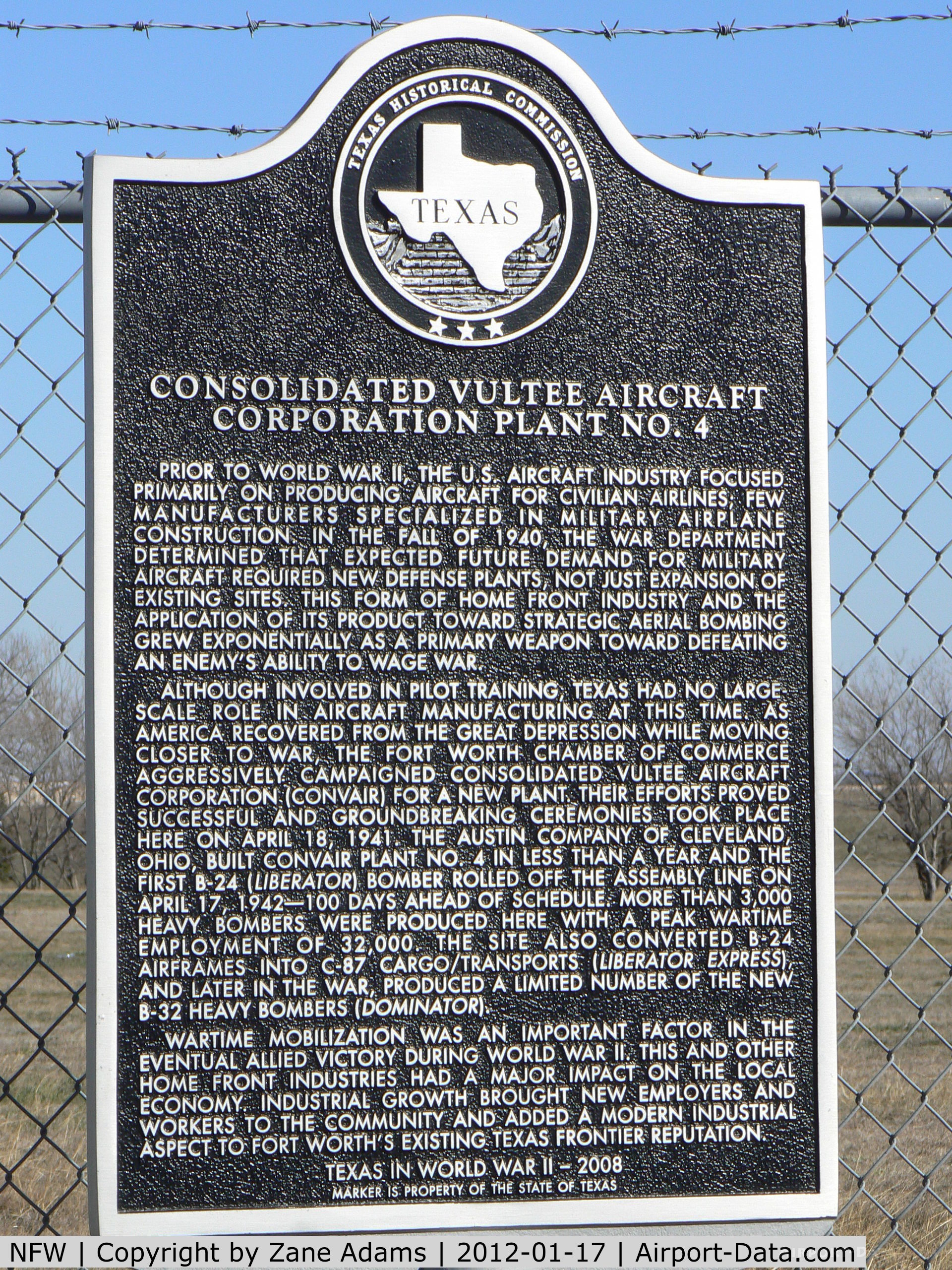 Fort Worth Nas Jrb/carswell Field Airport (NFW) - Texas Historical Marker near the Lockheed Martin Aircraft Plant in Fort Worth