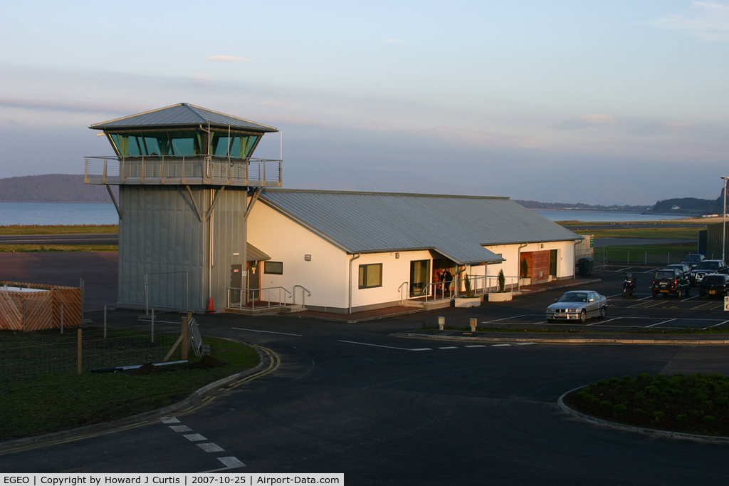 Oban Airport, Oban, Scotland United Kingdom (EGEO) - A shot of the tower and airport terminal.