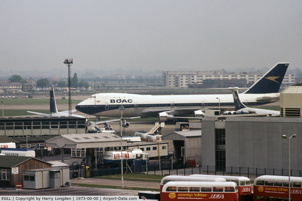 London Heathrow Airport, London, England United Kingdom (EGLL) - Seen from the roof of the Queens Building, Heathrow Airport in 1973, a BOAC 747-136 taxies past a BOAC VC10 Srs1101 and Boeing 707-436.
