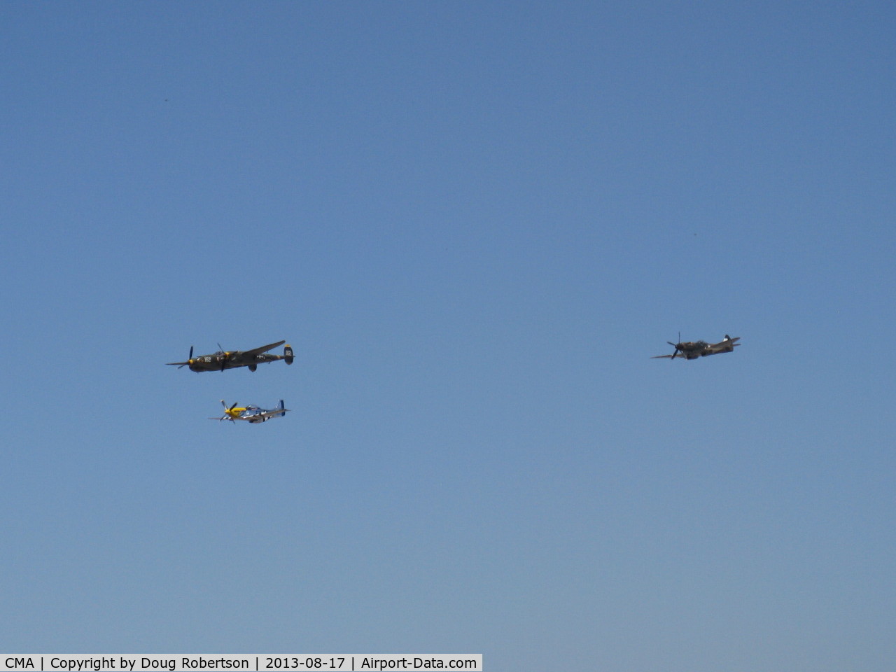 Camarillo Airport (CMA) - P-38 LIGHTNING, P-51 MUSTANG, SPITFIRE Flyover Rwy 26 at 2013 WINGS OVER CAMARILLO AIRSHOW
